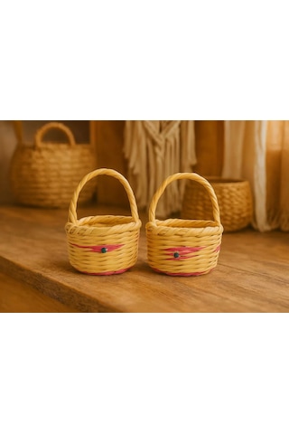 Mini El Yapımı Hasır Sepet 2 Li Dekoratif Süs Sepeti Seti Bej - Sarı
