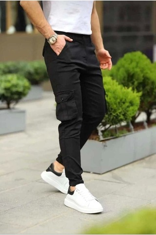 Erkek Körüklü Cep Ve Paça Ribana Detaylı Siyah Keten Kargo Pantolon Siyah