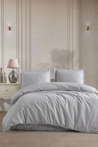 Saten Çizgili Çift Kişilik Nevresim Takım Gri