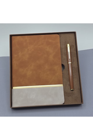 Kutulu Özel Hediye Seti Altın Şeritli Taba Deri Defter - Kahvere