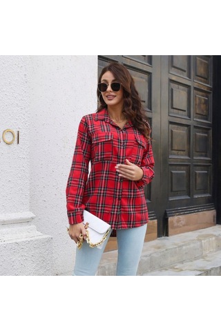 Gmxıa Kadın Modası Günlük Ekose Baskı Uzun Kollu Polo Yaka Bluzlar Ve Gömlekler Sarı