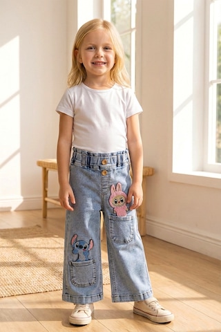 Babymod Figürlü Likralı Denim Kız Çocuk Kot Pantolon Mavi