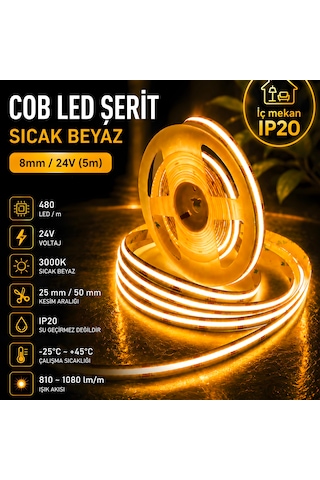 Cob Led Şerit Sıcak Beyaz 8mm/24v 5m Günışığı-3000k