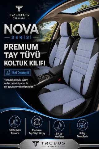 Nova Serisi Tay Tüyü Bel Destekli Gri Siyah Premium Üniversal Koltuk Kılıfı Tam Set