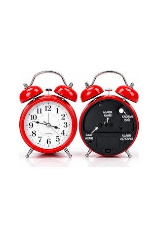 Çalar Saat 21 Cm Kurmalı Alarm Lı Çalar Saat Büyük Boy Retro Vintage Çift Çanlı Komodin Saati Kırmızı