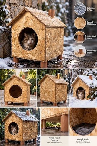 Reyo Orta Boy Kedi Evi Osb Su Yalıtımlı Rüzgar ve Soğuğa Dayanıklı Ahşap Kedi Evi Sokak Hayvanları İçin Kedi Barınağı Kedi Yuvası 43 x 40 x 37 CM CAT14
