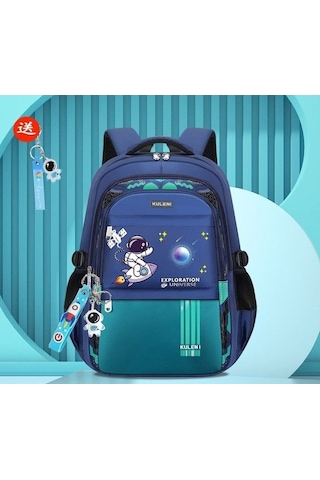 Aubyhe Uzaylı Desenli Çocuk Okul Çantaı - Su Geçirmez Hafif Ağırlığı Azaltıcı Büyük Kapasiteli - H Mavi Yeşil Büyük Boy + Aksesuar Mavi - Yeşil