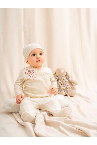 Kd43316.organik Sertifikalı Nakışlı Kız 3lü Takım 0-1/1-3/3-6/6-9ay Ekru