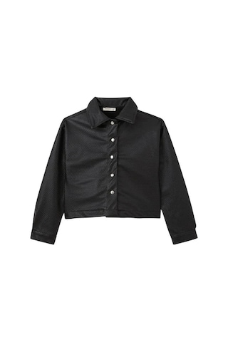 Kız Çocuk Kabartma Desenli Çıtçıtlı Deri Ceket-15247 Siyah