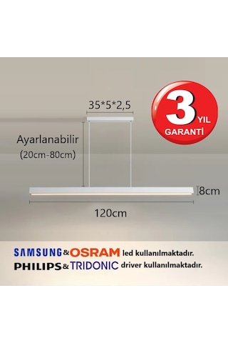 Linear Magro 120cm Beyaz Kasa Sarkıt Modern Led Avize, Salon, Mutfak, Ofis, Mağaza, Masa Üstü Led Gün Işığı