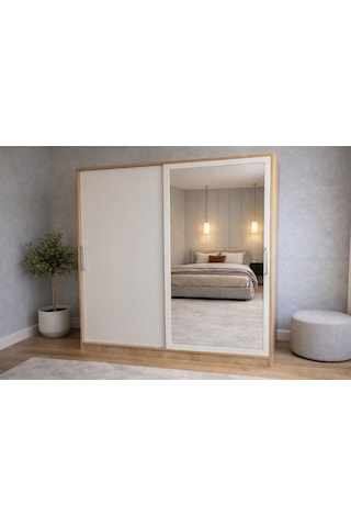 Zen Sürgü Kapaklı Dolap Gardırop Meşe Beyaz 180cm - Montaj Dahil