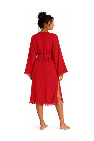 Bohemia Müslin Kimono Bornoz Püskül Detaylı Yırtmaçlı Spa & Plaj Kimonosu Kırmızı