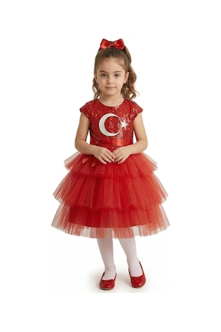 Mnk Baby & Kids Ay Yıldız Motifli Kız Çocuk 23 Nisan Elbisesi M00813 Kırmızı