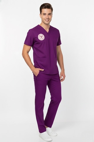 Unisex Byzantium Mor Soft Likra Scrubs Ebe Üniforma Takımı Sağlık Bakanlığı Yeni Yönetmeliğe Uygun Mor
