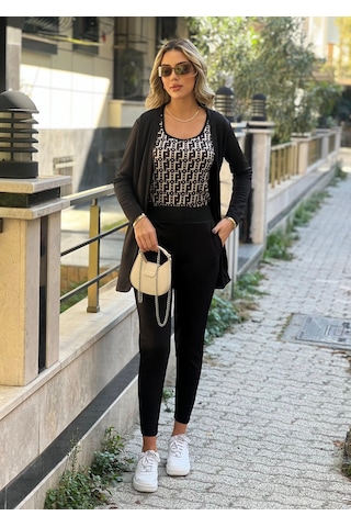 Kadın Uzun Kollukrep Üçlü Takım Siyah