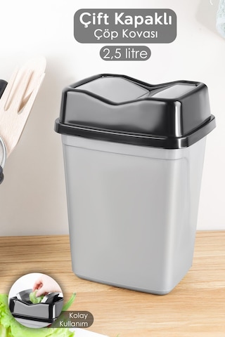 Çift Kapaklı Kelebek Çöp Kovası - Tezgah Üstü Banyo Mutfak Ofis Çöp Kovası 2,5 Litre Gri