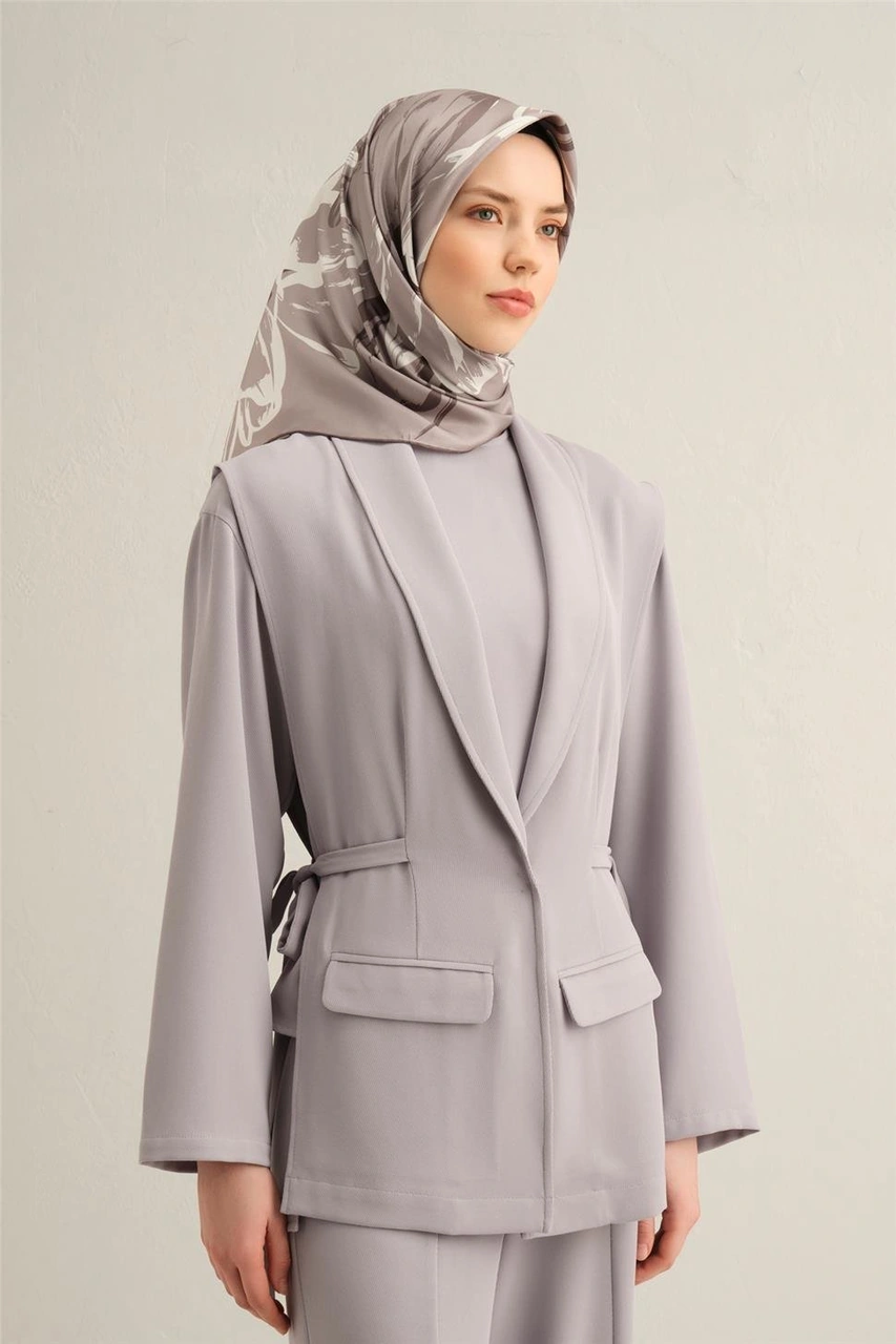 Armine Çiçek Desenli Saf İpek Twill Eşarp 9322d 82 Gri
