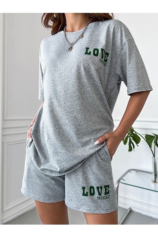 Love T-shirt Şort Gri 2'li Kombin Şort Tişört Takım Baskılı Oversize Bisiklet Yaka Gri