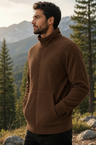 Givoria Erkek Kışlık Fermuarlı Cepli Polar Hırka Outdoor Kahverengi Kahverengi
