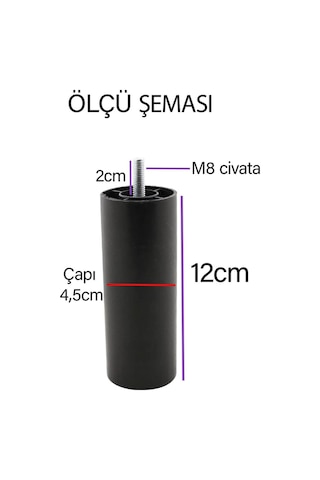 4 Adet Destek Ayağı 12 Cm Siyah Ve 4 Adet Düz Ayak Tabanı M8 Civatalı İnce Diş Mobilya Baza Koltuk Seti