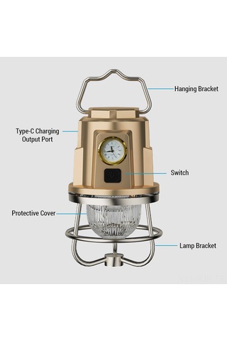Jeehugo Usb-c Şarjlı Ipx4 Su Geçirmez Led Kamp Feneri, Portatif Zirve Aydınlatma Ve Ambiyans Işığı, 1200mah Pil İle Taşınabilir Işık Kaynağı Altın