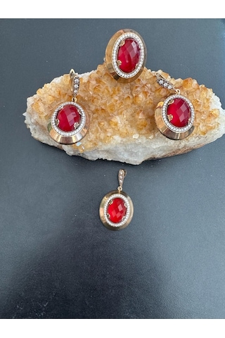 Aysesa Altın Görünümlü Yakut Zirkon Kadın Gümüş Set 2küpe+kolye+yüzük