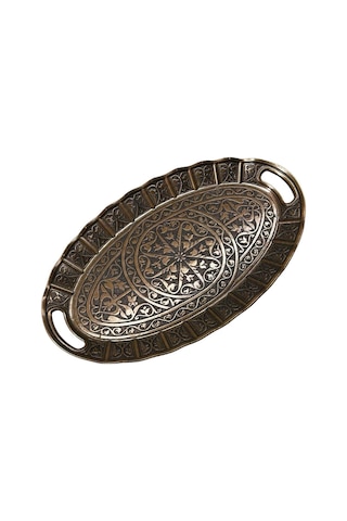 Eskitme Bakır Renkli İşlemeli Sunum Tepsisi 22cm X 36cm 709760