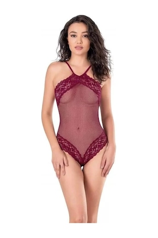 Naam Dantel İşlemeli Bordo File Tül Bodysuit Çok Renkli