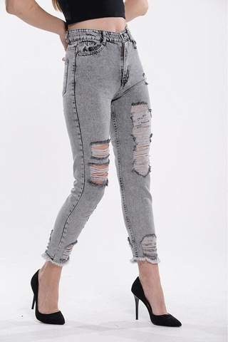 Shevega Kadın Bacak Lazer Yirtik Kar Siyah Mom Jeans Siyah