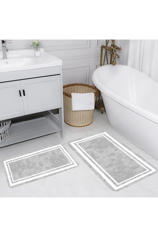 Rovigo Home Baskılı Kaymaz Taban 2 Li Banyo Paspas Takım Rvg5111-100X60-60X50 Gri