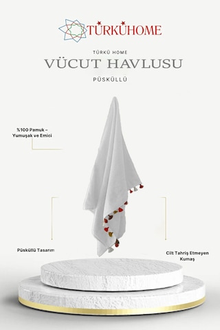Püsküllü Yumuşak Pamuk Havlu Yüksek Emicili Vücut Havlusu 70x130 Cm Beyaz
