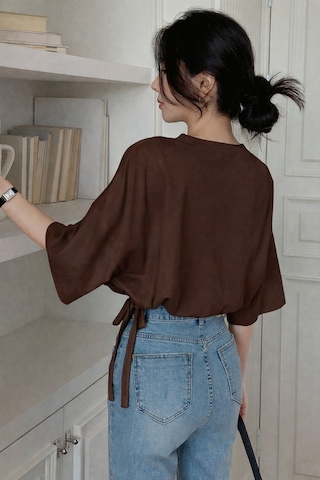 Kadın Oversize Basic Haki Tişört Yan Bağlamalı Rahat Kesim Günlük Yazlık T-shirt Kahverengi
