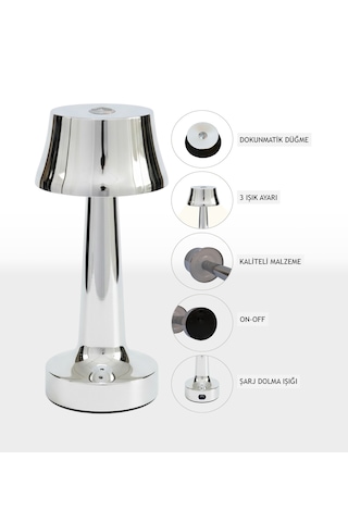 Zenlight Metal Dokunmatik Şarjlı Masa Lambası Gümüş