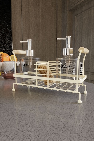 Suntel 2 Li Metal Standlı Plastik Sıvı Sabun Şişesi Sabunluk 500 Ml Krem Bej