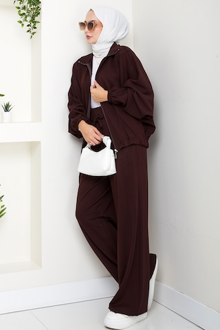 Bestenur Fermuarlı Oversize Takım 1595 - Acı Kahve Acı Kahverengi