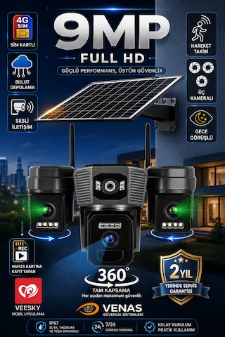 3 Kameralı Sim Kartı İle Çalışan Gece Görüşlü Solar Güvenlik Kamerası