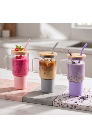 1000 Ml Cam Matara Kupa Bardak - Bambu Kapaklı - Silikon Kılıflı