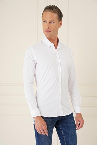 Efor Slim Fit Düğmeli Yaka Esnek Pamuk Klasik Beyaz Gömlek Gk 727 Beyaz