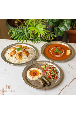 430 Kalite Krom Çelik 6 Adet Tepsi 24 Cm Fırına Uygun, Osmanlı Motifli, Kebap & Restoran Sunum Tepsisi Gri