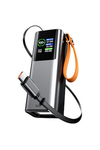 Buff Labs Buff Bp20 100w 20000mah Powerbank Dijital Ekranlı, Makaralı Dahili Type-c Kablo, Hızlı Şarj Metalik Gri