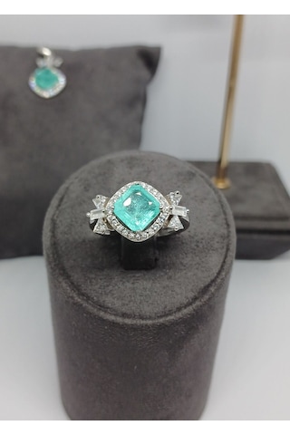 925 Ayar Gümüş Turmalin Taşlı Takı Seti - Yüzük, Küpe Ve Kolye Ucu Şık Ve Zarif Kadın Takı Gümüş