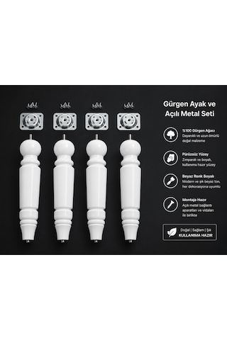 Turkıshrug Kıngdom 4'lü Gürgen Ahşap Tornalı Ayak Mobilya Ayağı Koltuk Ayağı Gürgen Koltuk Ayağı Baza Ayağı Tv Ünitesi Ayağı 30 Cm Beyaz
