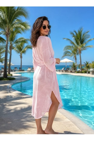 Müslin Sabahlık Plaj Elbisesi Pembe Renk