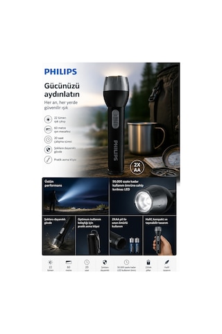 Philips SFL3175/10 LED El Feneri, Darbeye Dayanıklı Gövde, 20 Saat Çalışma Süresi, 2xAA Pilli
