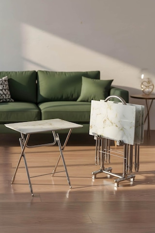 Lumisgarden 4 Lü Katlanır Cam Beyaz Mermer Desenli Gold Detaylı Çanta Zigon Sehpa Krom Ayak Çok Renkli