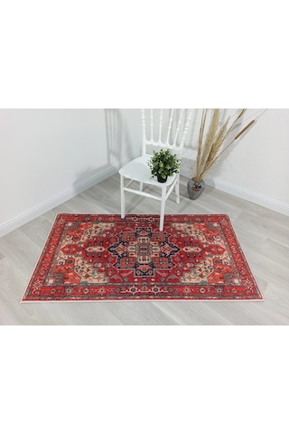 Eskitme Madalyon Desenli Kiremit Ve Lacivert Vintage Salon Halısı - 11428ou Kırmızı