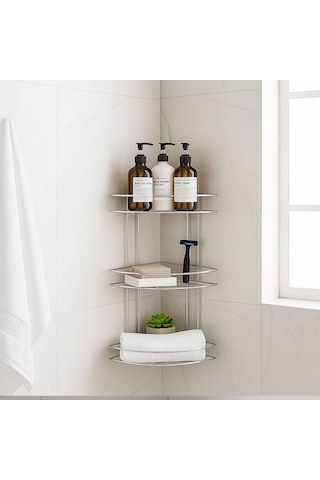 Köşe Rafı Üç Katlı Krom Banyo Duş Şampuanlık Paslanmaz Metal Duvar Tipi Düzenleyici Organizer Çok Renkli