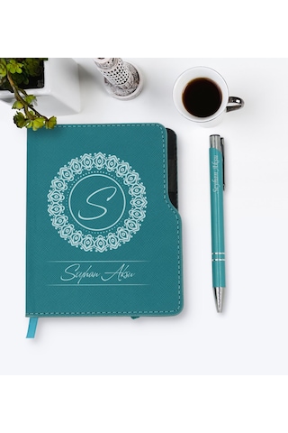 Kişiye Özel Isimli Turkuaz Termo Deri Defter Kalem Seti-2