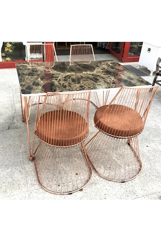 Masa Tel Sandalye Model Takım Metal Çelik Rose Japon Ayak Mdf Lam Siyah Mermer Tabla El Yapım