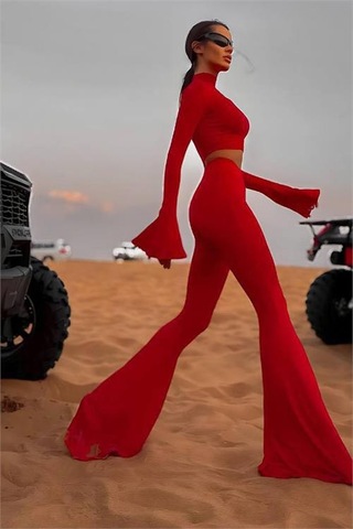 Neşeli Butik Kadın Balıkçı Crop İspanyol Paça Pantolon İkili Takım Nbdf166 Kırmızı